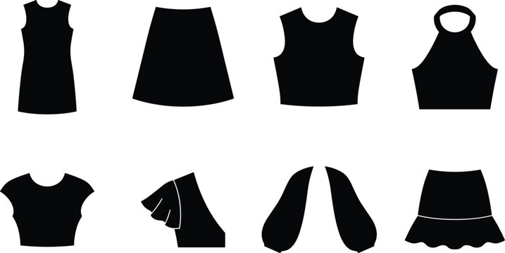 Collection of women clothing flat icons featuring black silhouettes of skirts dresses crop tops and sleeves isolated on white background