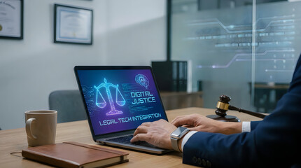 Fototapeta premium Digital justice concept on computer screen in modern office with legal books and gavel