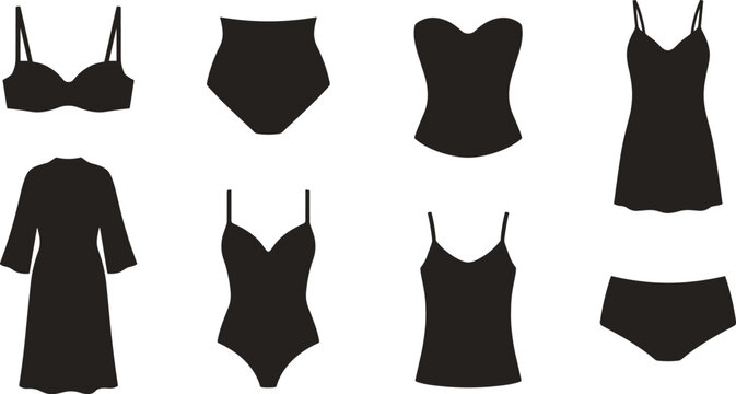 Collection of womens lingerie and underwear silhouettes including bra panties bodysuit corset robe and nightgown isolated on white background