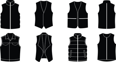Set of black vest flat icons featuring waistcoats puffer gilets utility and sleeveless jackets isolated on white background © Foredul