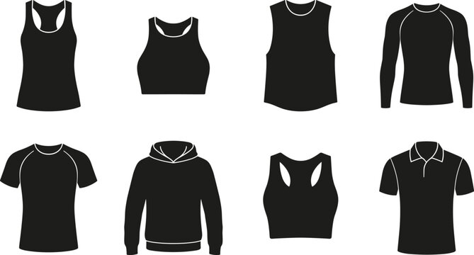 Set of black sportswear flat icons including t-shirts, tank tops, hoodie, and sports bras isolated on a white background