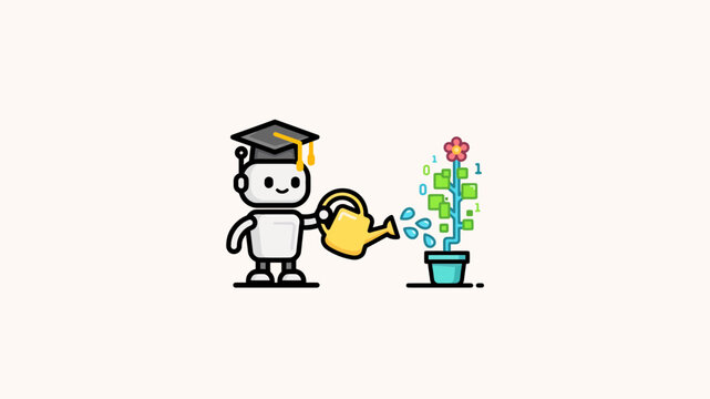 Friendly robot wearing mortarboard watering a digital plant with binary digits