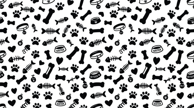 Seamless pet pattern with paw prints bones fish skeletons collars hearts and bowls in playful monochrome doodle vector background design