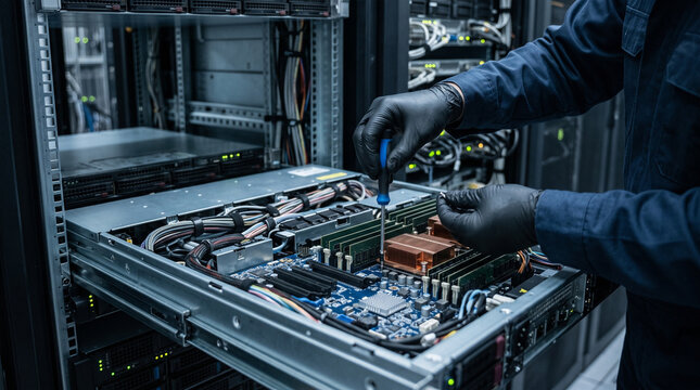 Technician repairing server hardware in data center