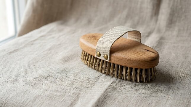 Natural wooden brush on textured linen fabric for gentle grooming and skincare routines