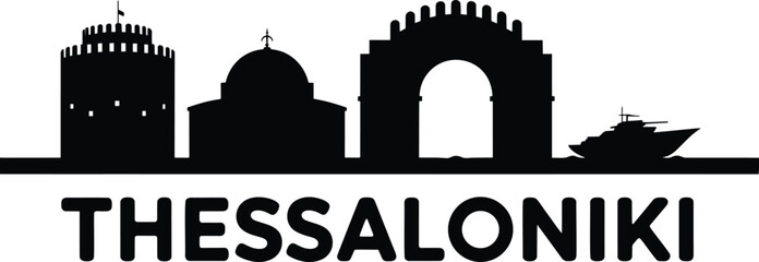 Fototapeta premium Thessaloniki city skyline silhouette featuring the white tower, rotunda, arch of galerius and a luxury yacht on the calm aegean sea and cityscape