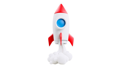 Cartoon rocket ship with red fins and blue window, isolated on transparent background © George