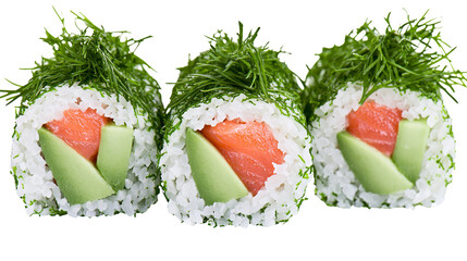 Fresh salmon and avocado sushi rolls with dill topping, isolated on transparent background © George