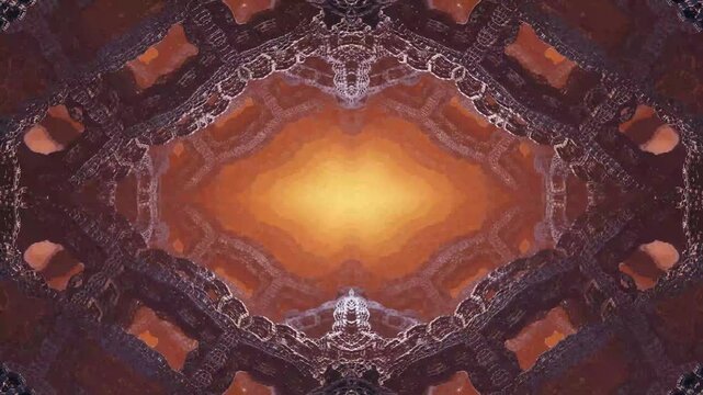 Glowing triangle moving in a sci-fi tunnel. Hypnotic background of 3D animation with random neon shapes. Abstract futuristic hi-tech motion background seamless loop for VJ screens