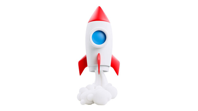 Cartoon rocket ship with red fins and blue window, isolated on transparent background