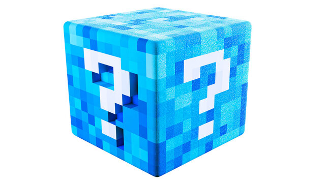 Blue pixelated cube with white question marks, isolated on transparent background