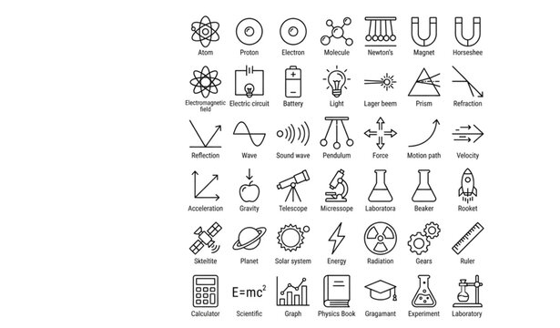 Physics outline icon set with experiments energy motion magnetism and science education vector collection