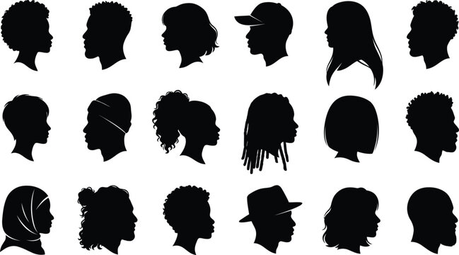 Diverse silhouette portraits a collection of black head profiles for graphic design