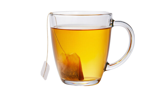 Clear glass mug filled with amber tea and a tea bag, isolated on transparent background
