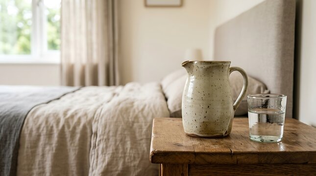 Serene bedroom scene with pitcher and glass on nightstand