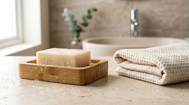 Luxurious bathroom decor with soap and towels on marble countertop
