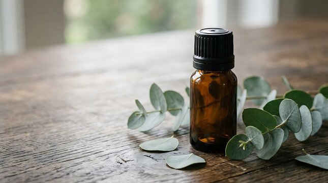Eucalyptus essential oil bottle on rustic wooden table