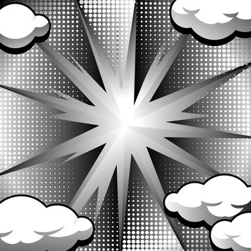 Monochrome comic book zoom background with clouds and stars