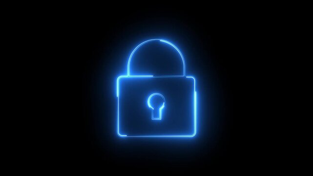 Glowing neon blue color security lock icon animation encryption privacy protection secret padlock icon on black background	