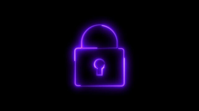 Glowing neon purple color security lock icon animation encryption privacy protection secret padlock icon on black background	