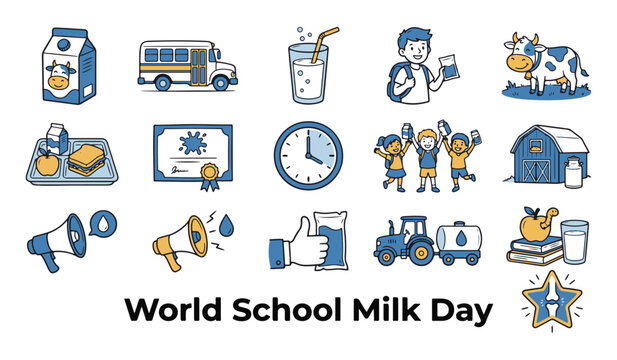 World School Milk Day Vector Illustration Set with Milk Carton, Cow, School Bus, Children, and Barn Icons