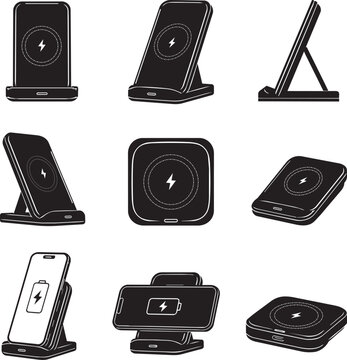 Wireless Charger Silhouette Vector Icon Set Collection with Charging Pad, Charging Stand, and Smartphone Wireless Charging Symbols Isolated on White Background