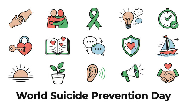 World Suicide Prevention Day themed illustration with mental health awareness and support icons