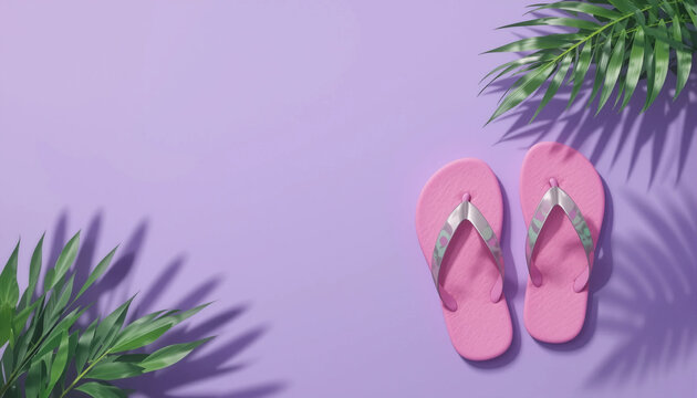 Pink flip flops surrounded by tropical leaves on a lilac backdrop, capturing a playful and tropical summer aesthetic. Copy space.