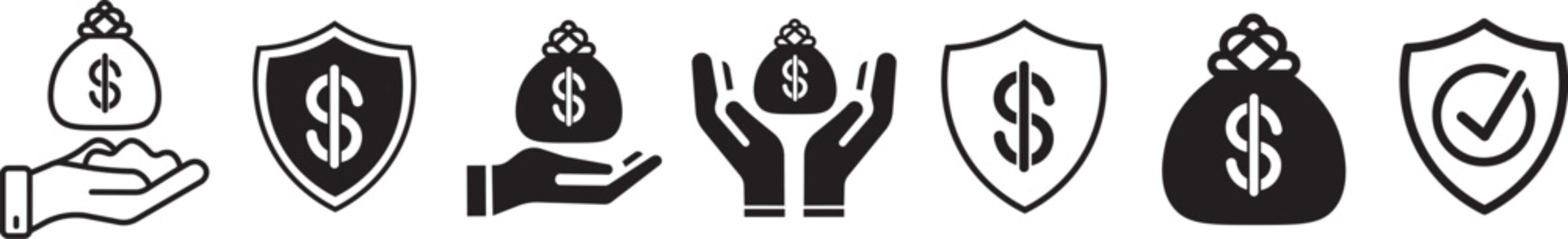 Money in hand icon set for financial transactions, featuring simple cash savings, dollar banknotes, and modern wealth investment symbols.