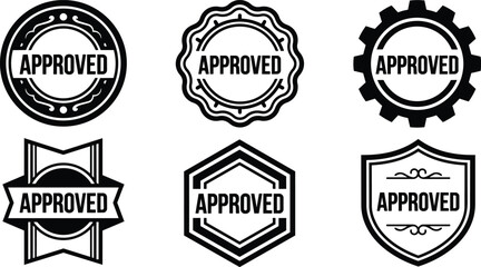 Fototapeta premium Black and white approved text badges in circular ribbon shield and gear shapes vector art