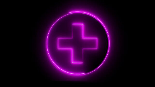 Glowing neon pink color plus sign icon animation circle mathematic calculating positive accountancy sign symbol on black background