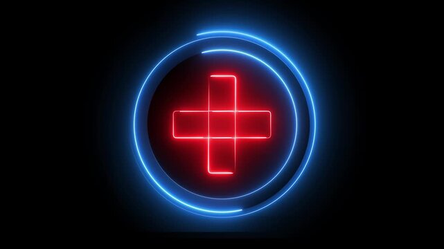 Glowing neon red and blue color plus sign icon animation circle mathematic calculating positive accountancy sign symbol on black background