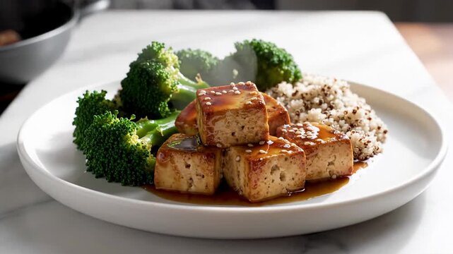 Pan seared tofu cubes with glossy sauce on a white plate, served with broccoli florets and quinoa, bright natural light suggests a fresh healthy meal