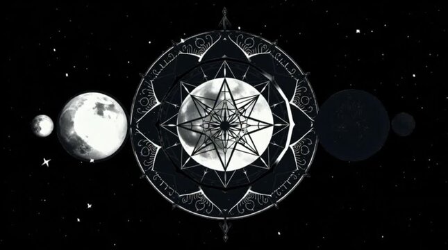 Cosmic Mandala with Moon Phases and Celestial Patterns in Dark Space Background