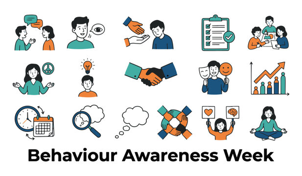 Set of 'Behaviour Awareness Week' Illustrations. Collection of icons depicting communication, empathy, collaboration, and personal growth.