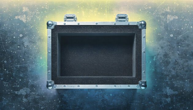 Open empty aluminum flight case from a high angle view. Safe heavy duty industrial tool storage and device shipping container. Metal box with protective foam on a blue background
