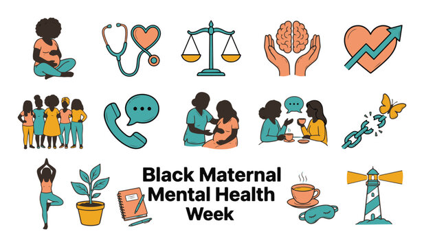 Black Maternal Mental Health Week Vector Illustration with Diverse Support and Wellness Icons Collection