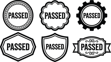 Obraz premium Black and white passed badge seals in various geometric shapes vector art