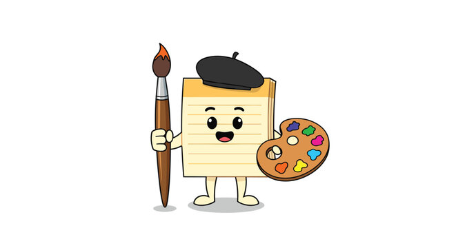 Cute cartoon paper notepad character dressed as an artist holding a paintbrush and a colorful color palette.