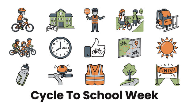 Cycle To School Week Vector Icon Set with Students, Bicycles, School, and Safety Elements