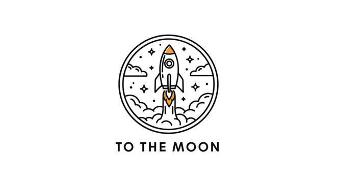 Minimalist badge illustration of a rocket ship blasting off to the moon surrounded by clouds and stars.