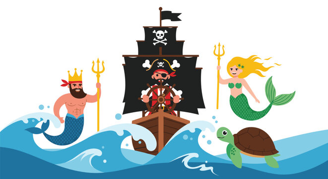 Pirate captain steering his ship amidst stormy waves accompanied by a friendly mermaid, merman, and a sea turtle.