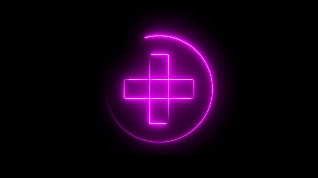 Glowing neon pink color plus sign icon animation circle mathematic calculating positive accountancy sign symbol on black background