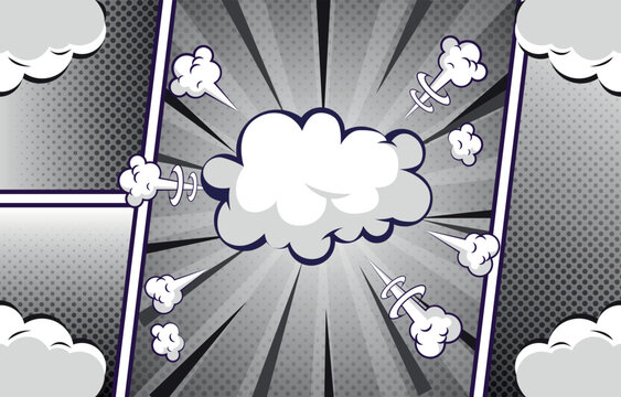 Comic Book Page Background with Explosion Cloud and Speed Lines, dynamic sunburst speed lines, halftone dot patterns, and side panels in a classic pop art style.