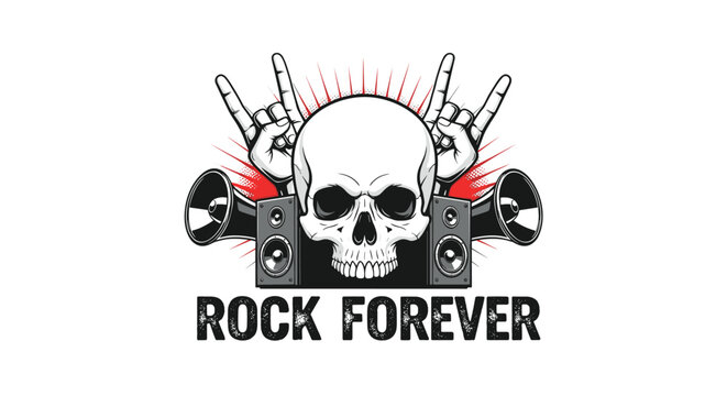 Grungy rock music logo featuring a white human skull, heavy metal hand gestures, sound speakers, and bold rock forever typography.