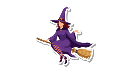 Obraz premium Beautiful cartoon witch wearing a purple robe and pointed hat flying swiftly through the air on her magical broomstick.
