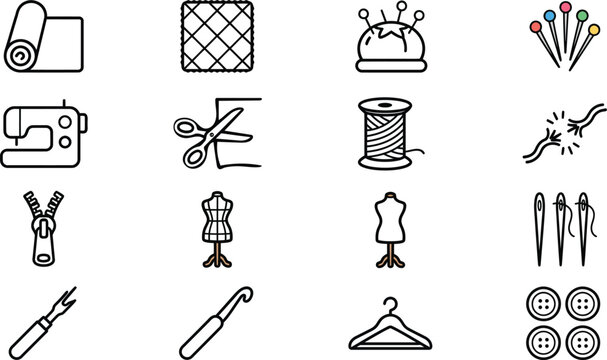 Sewing Tailoring Line Icons Set with Needle Thread Scissors Sewing Machine Dress Form Buttons and Fashion Tools