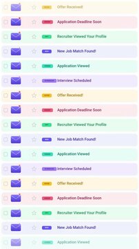 Vertical scrolling email inbox interface showing new job match alerts and interview scheduled notifications