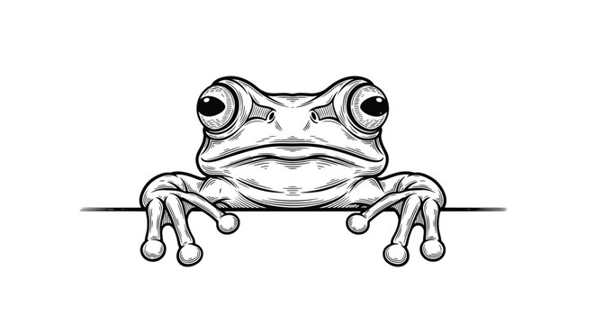 Vintage engraving style illustration of a detailed tree frog peeking over a horizontal line on white background.