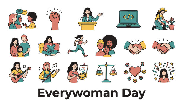 Hand Drawn Vector Icon Set for "Everywoman Day" with Diverse Women Activities and Empowerment Symbols